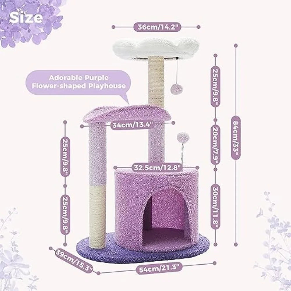 Purple Flower Cat Tower with Sisal Covered Scratching Post